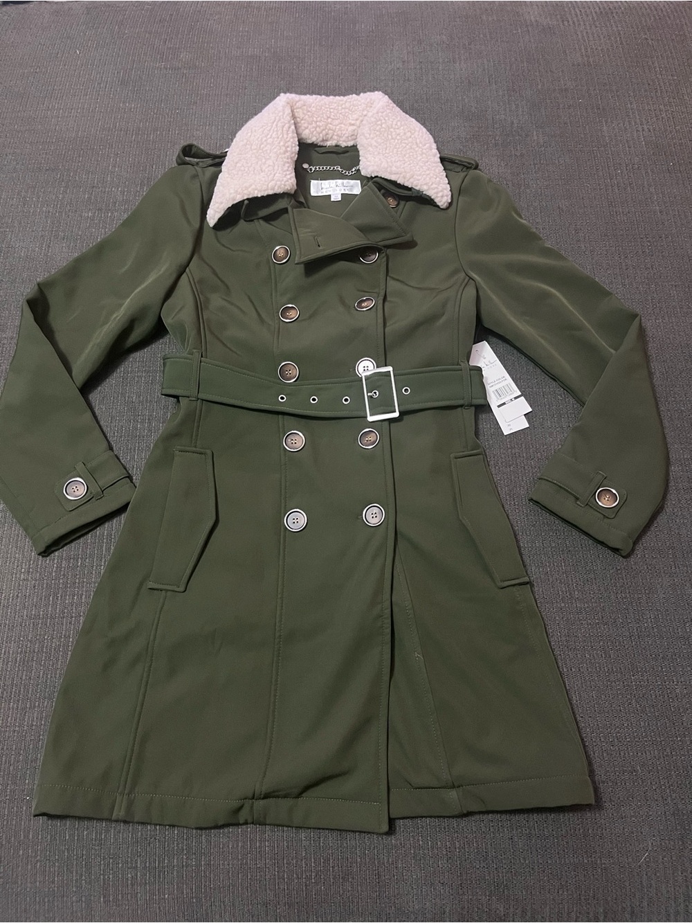 Nicole Miller Olive Green Trench Coat with Faux Shearling Collar